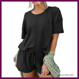 Waffle Knit Lounge Set Short Sleeve Top and Shorts 2 Piece Loungewear Outfits